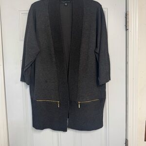 Charcoal Gray Cardigan with Gold Zipper Accents 3/4 sleeves Lightweight